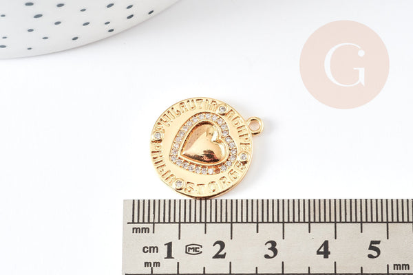 Pendentif médaille rond coeur émail laiton doré 18K et zircon 23.5mm, x1 (G3589)