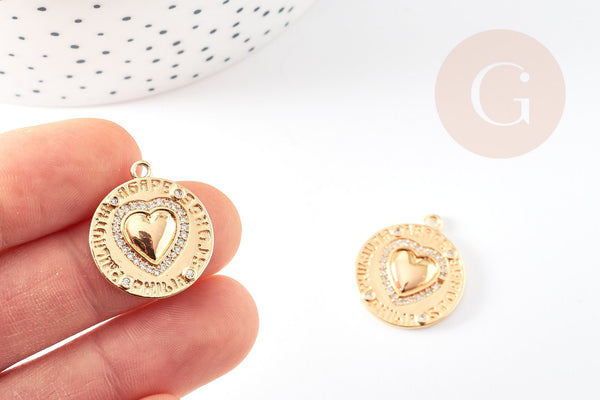 Pendentif médaille rond coeur émail laiton doré 18K et zircon 23.5mm, x1 (G3589)