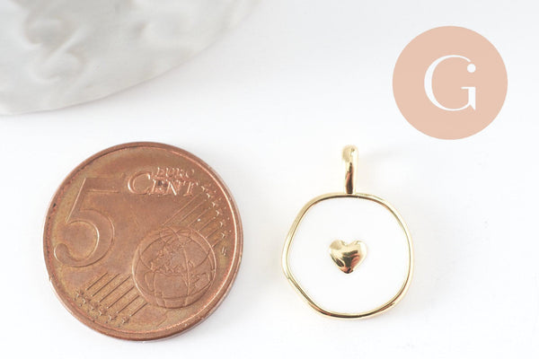Pendentif médaille rond coeur émail laiton doré et zircon 18mm, x1 (G3645)