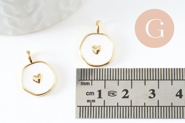 Pendentif médaille rond coeur émail laiton doré et zircon 18mm, x1 (G3645)