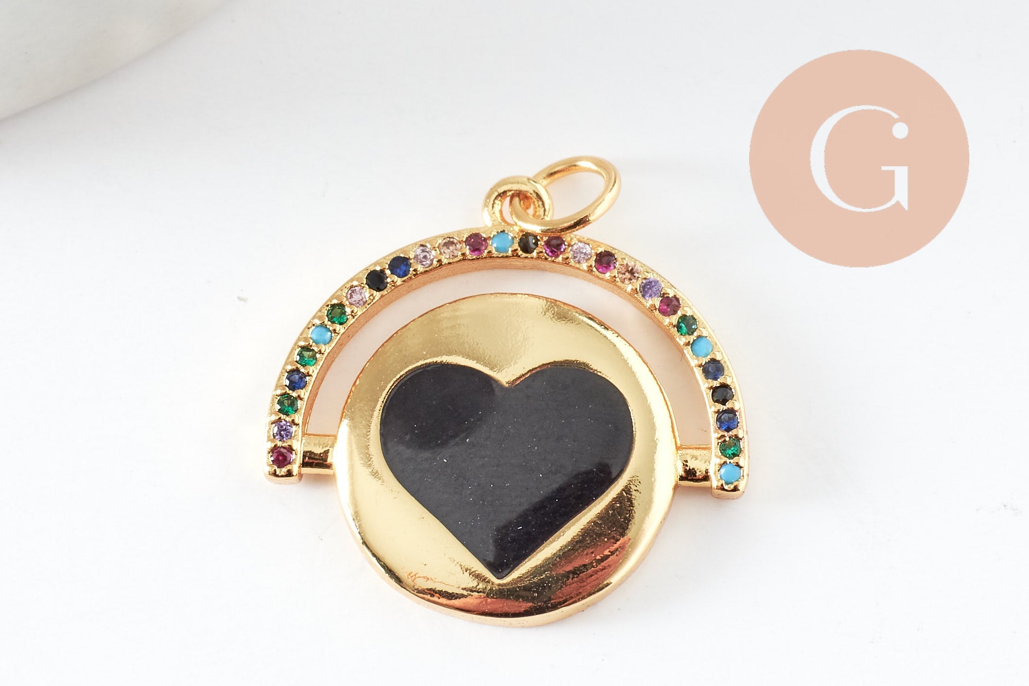 Pendentif médaille rond coeur émail laiton doré et zircon 21mm, x1 (G6191)
