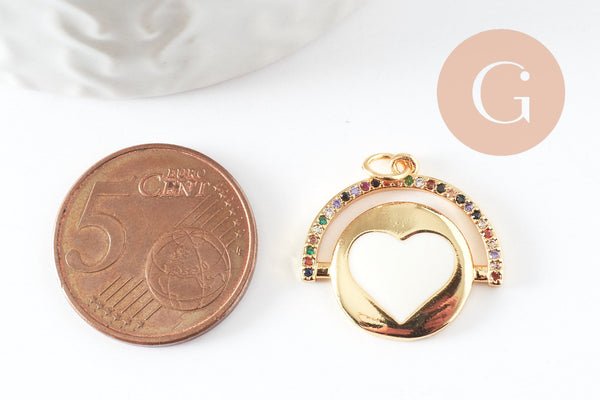 Pendentif médaille rond coeur émail laiton doré et zircon, pendentif laiton amour sans nickel,21mm, x1 (G6191)