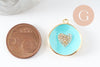Pendentif médaille rond coeur émail laiton doré et zircon, pendentif laiton coeur,sans nickel,23mm, x1 (G4824)