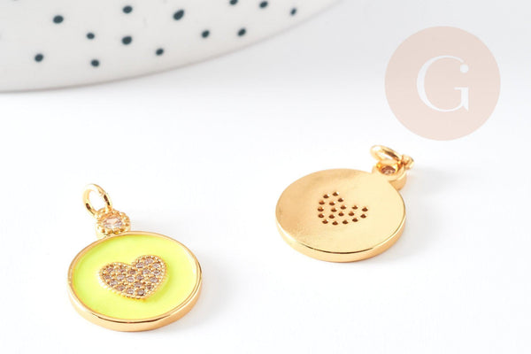 Pendentif médaille rond coeur émail laiton doré et zircon, pendentif laiton insecte,sans nickel,22mm,x1 G4064