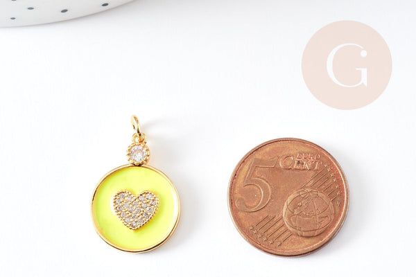 Pendentif médaille rond coeur émail laiton doré et zircon, pendentif laiton insecte,sans nickel,22mm,x1 G4064
