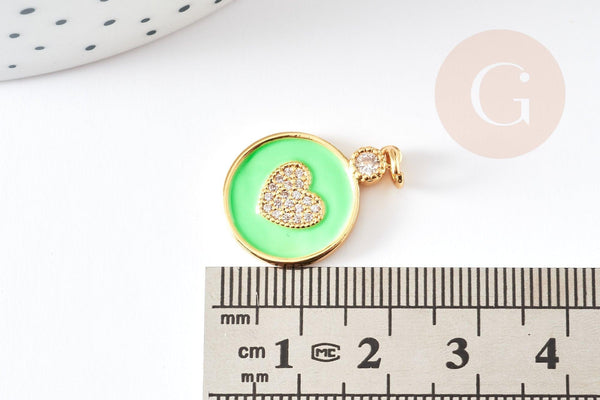 Pendentif médaille rond coeur émail laiton doré et zircon, pendentif laiton insecte,sans nickel,22mm,x1 G4064