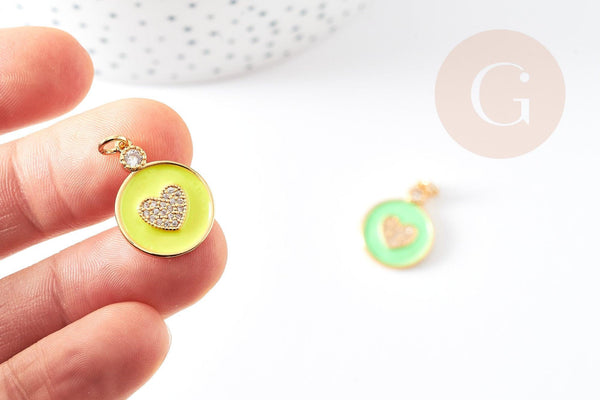 Pendentif médaille rond coeur émail laiton doré et zircon, pendentif laiton insecte,sans nickel,22mm,x1 G4064