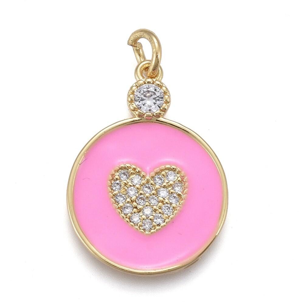 Pendentif médaille rond coeur émail laiton doré et zircon, pendentif laiton insecte,sans nickel,22mm,x1 G4064