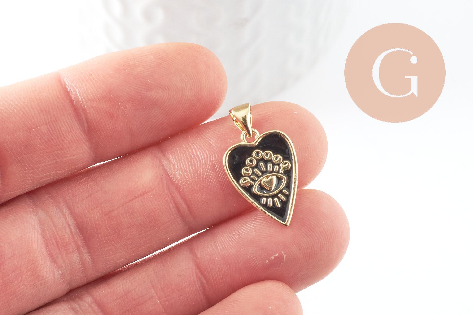 Pendentif médaille rond coeur émail noir laiton doré 18K , pendentif laiton amour pour création bijoux,18.5mm, x1 (G5325)