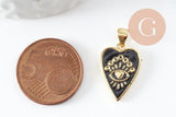 Pendentif médaille rond coeur émail noir laiton doré 18K , pendentif laiton amour pour création bijoux,18.5mm, x1 (G5325)