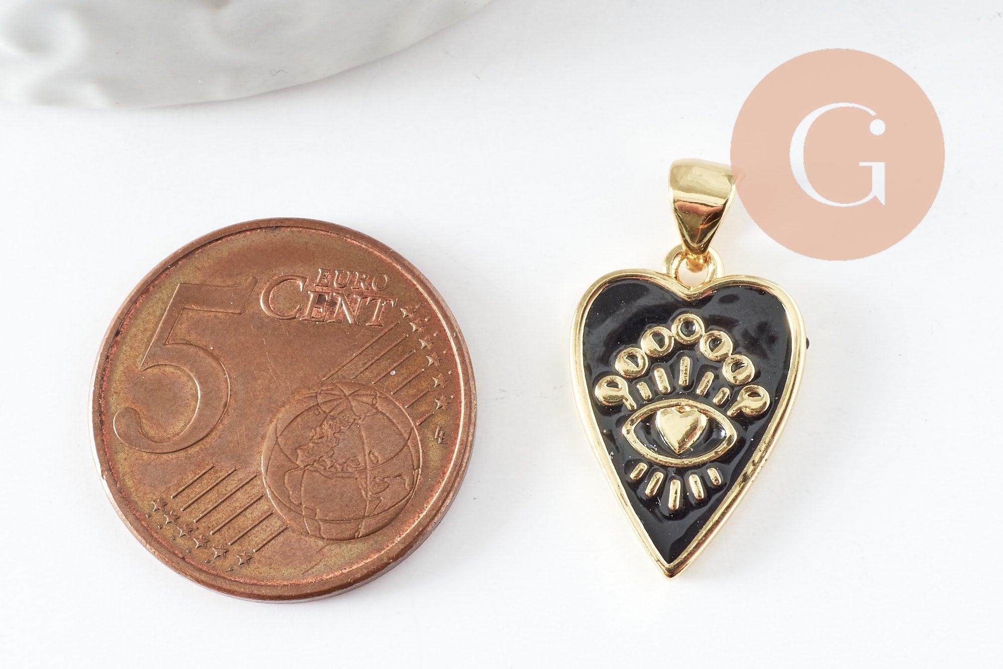 Pendentif médaille rond coeur émail noir laiton doré 18K , pendentif laiton amour pour création bijoux,18.5mm, x1 (G5325)