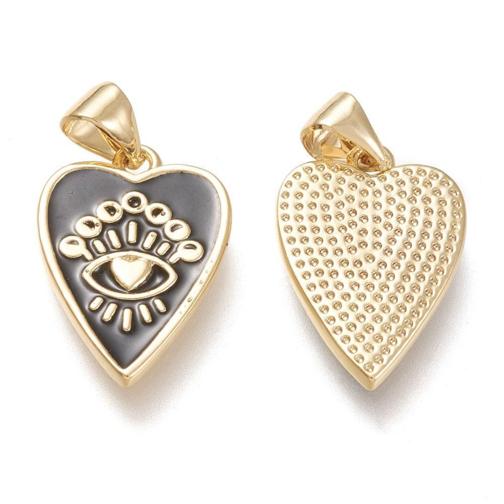 Pendentif médaille rond coeur émail noir laiton doré 18K , pendentif laiton amour pour création bijoux,18.5mm, x1 (G5325)