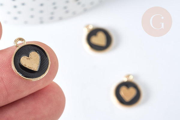 Pendentif médaille rond cœur émail noir zamac doré, création bijou amour, x1 (G7421)