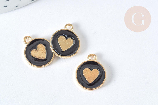 Pendentif médaille rond cœur émail noir zamac doré, création bijou amour, x1 (G7421)