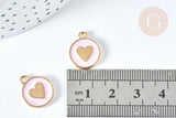Pendentif médaille rond cœur émail rose clair zamac doré, création bijou amour, x1 (G7423)
