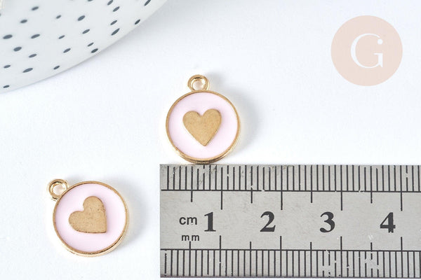 Pendentif médaille rond cœur émail rose clair zamac doré, création bijou amour, x1 (G7423)