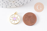 Pendentif médaille rond coeur émail rose laiton doré 18K 18mm , pendentif laiton coeur,sans nickel, x1 (G8420)