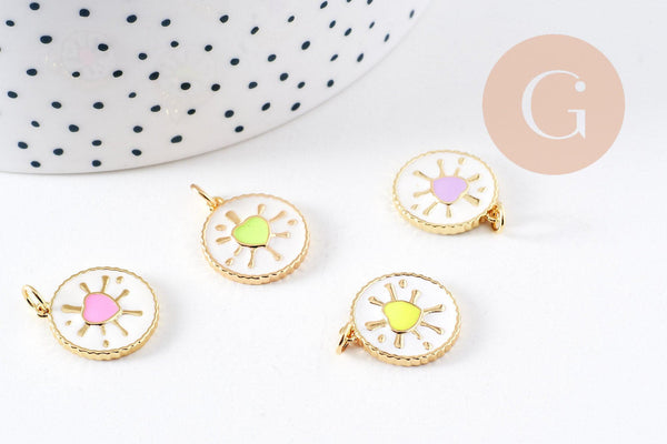 Pendentif médaille rond coeur émail rose laiton doré 18K 18mm , pendentif laiton coeur,sans nickel, x1 (G8420)