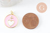 Pendentif médaille rond coeur émail rose laiton doré 20.5mm, x1 (G9490)
