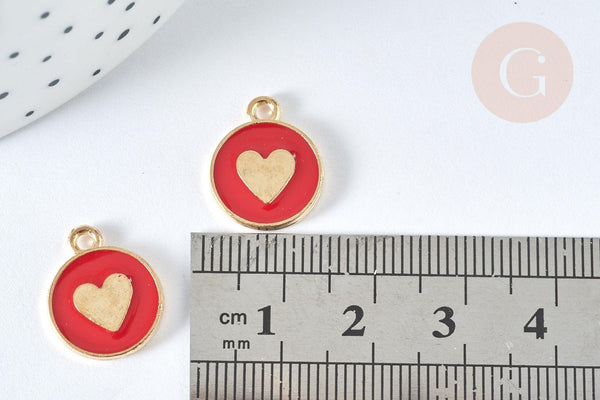 Pendentif médaille rond cœur émail rouge zamac doré, création bijou amour, x1 (G7425)
