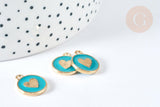 Pendentif médaille rond cœur émail turquoise zamac doré, création bijou amour, x1 (G7422)