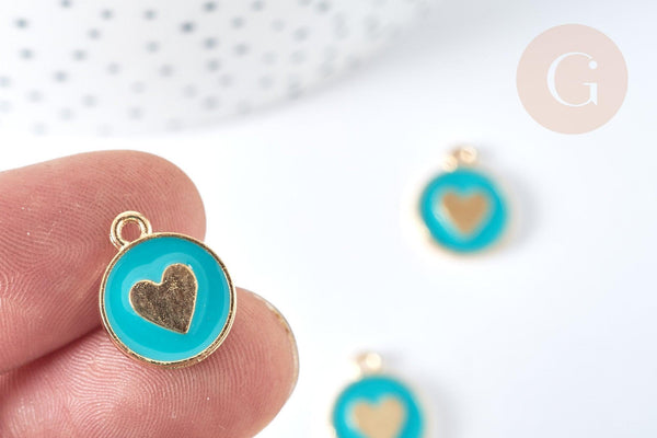 Pendentif médaille rond cœur émail turquoise zamac doré, création bijou amour, x1 (G7422)