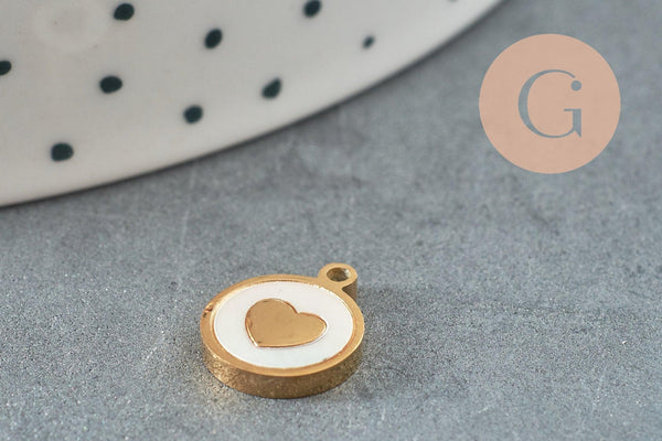 Pendentif médaille rond coeur nacre naturelle blanche acier 304 doré inoxydable, x1 (G9658)