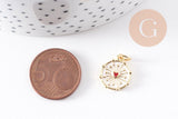 Pendentif médaille rond coeur sacré émail blanc laiton doré 15mm, x1 (G10169)