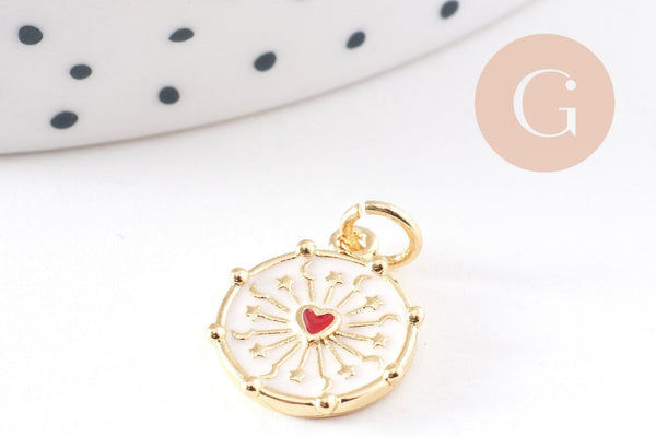 Pendentif médaille rond coeur sacré émail blanc laiton doré 15mm, x1 (G10169)