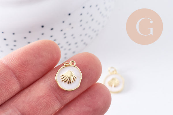 Pendentif médaille rond coquillage émail blanc laiton doré 15.5mm, x1 (G10623)