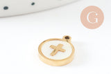 Pendentif médaille rond croix nacre naturelle blanche acier 304 doré inoxydable, x1 (G9693)
