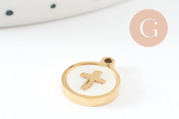 Pendentif médaille rond croix nacre naturelle blanche acier 304 doré inoxydable, x1 (G9693)