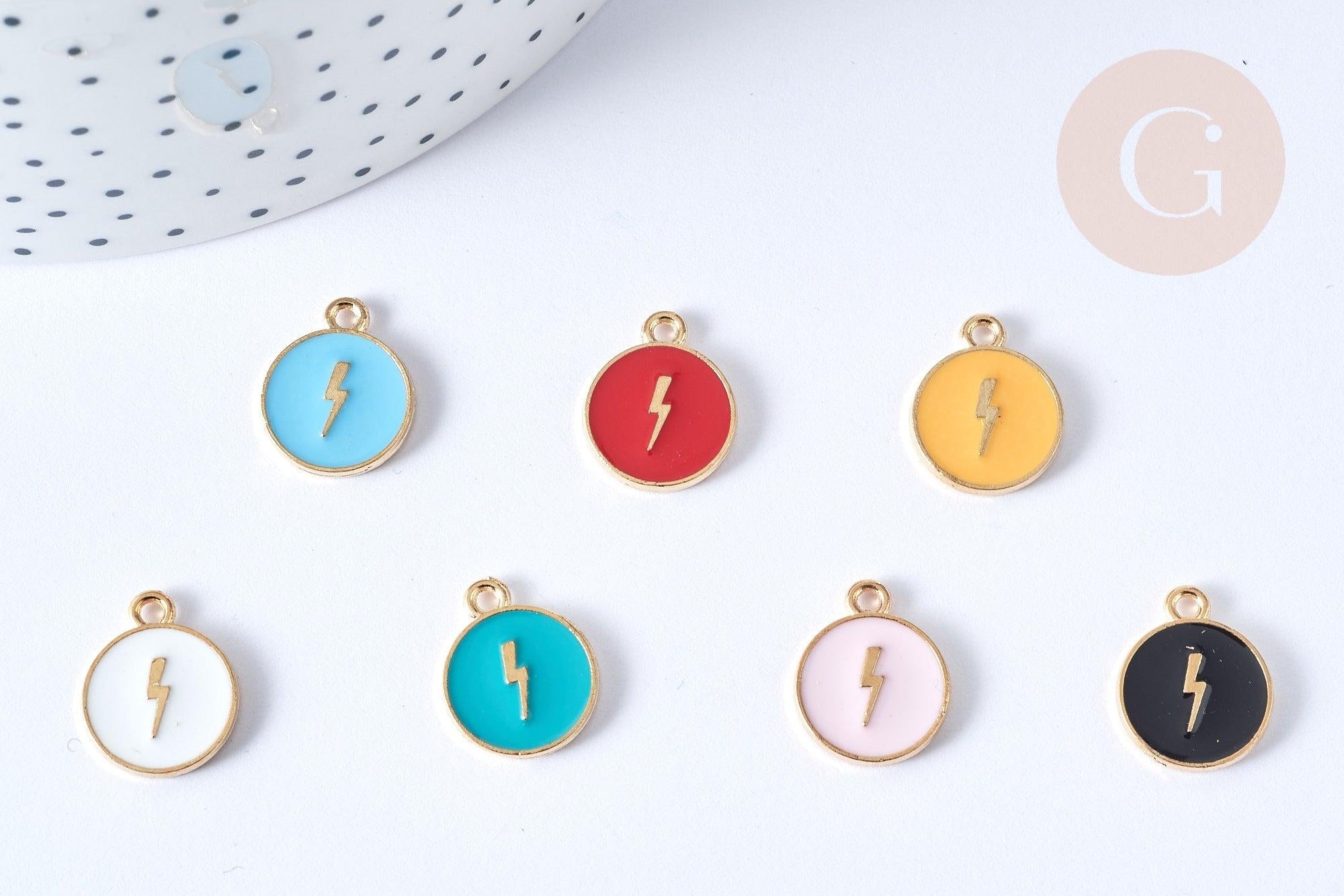 Pendentif médaille rond éclair émail zamac doré 16mm, x1 (G7943)