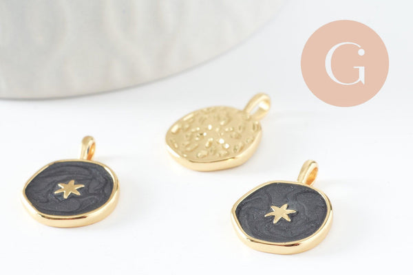 Pendentif médaille rond étoile émail noir laiton doré, pendentif laiton émaillé,sans nickel,18mm, x1 G4369