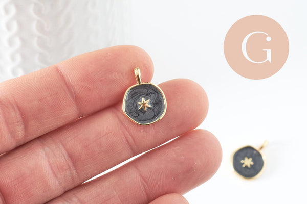 Pendentif médaille rond étoile émail noir laiton doré, pendentif laiton émaillé,sans nickel,18mm, x1 G4369