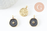 Pendentif médaille rond étoile émail noir laiton doré, pendentif laiton émaillé,sans nickel,18mm, x1 G4369