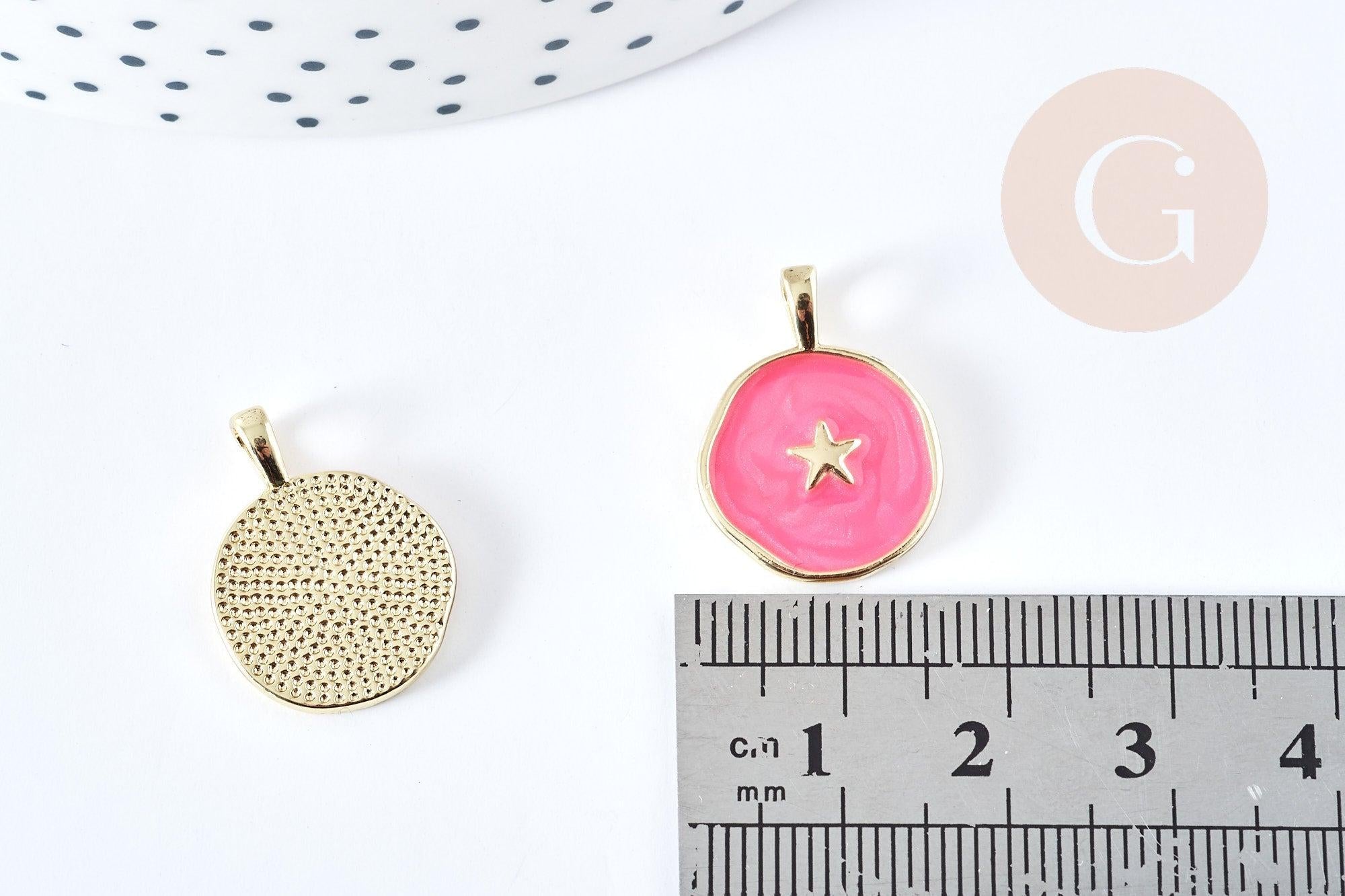 Pendentif médaille rond étoile émail rose ou bleu laiton doré 18mm, x1 (G8550)