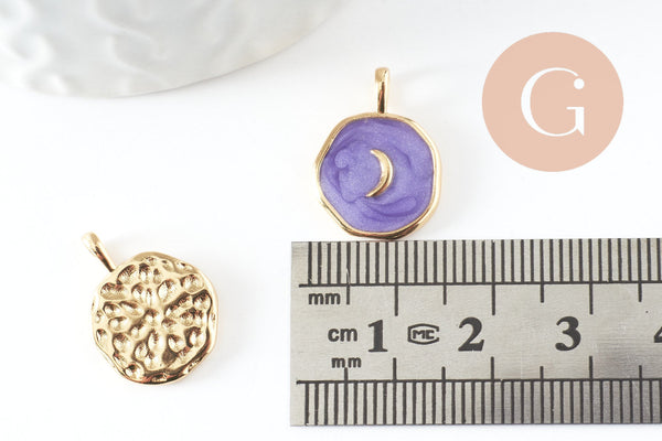 Pendentif médaille rond lune émail violet laiton doré 18mm, x1 (G4272)