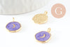Pendentif médaille rond lune émail violet laiton doré 18mm, x1 (G4272)