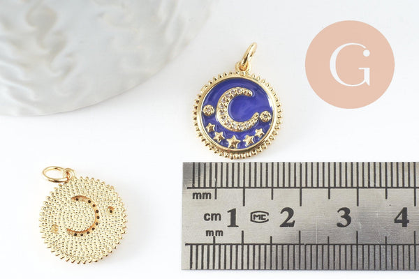 Pendentif médaille rond lune étoiles émail bleu laiton doré zircons, pendentif laiton émaillé,sans nickel,18mm, x1 (G5270)