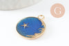 Pendentif médaille rond lune étoiles émail bleu zamac doré 25mm, pendentif laiton émaillé,sans nickel, x1 (G5838)