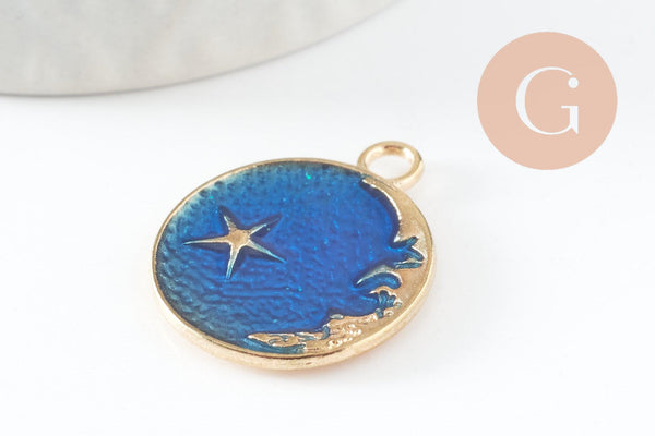 Pendentif médaille rond lune étoiles émail bleu zamac doré 25mm, pendentif laiton émaillé,sans nickel, x1 (G5838)
