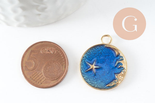 Pendentif médaille rond lune étoiles émail bleu zamac doré 25mm, pendentif laiton émaillé,sans nickel, x1 (G5838)