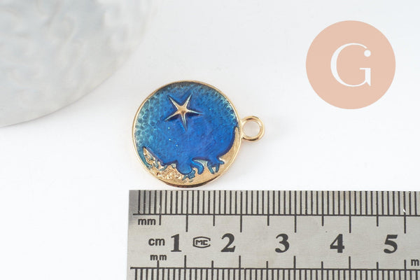 Pendentif médaille rond lune étoiles émail bleu zamac doré 25mm, pendentif laiton émaillé,sans nickel, x1 (G5838)