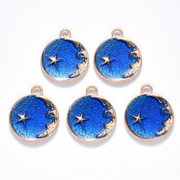 Pendentif médaille rond lune étoiles émail bleu zamac doré 25mm, pendentif laiton émaillé,sans nickel, x1 (G5838)