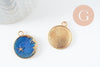 Pendentif médaille rond lune étoiles émail bleu zamac doré 25mm, pendentif laiton émaillé,sans nickel, x1 (G5838)