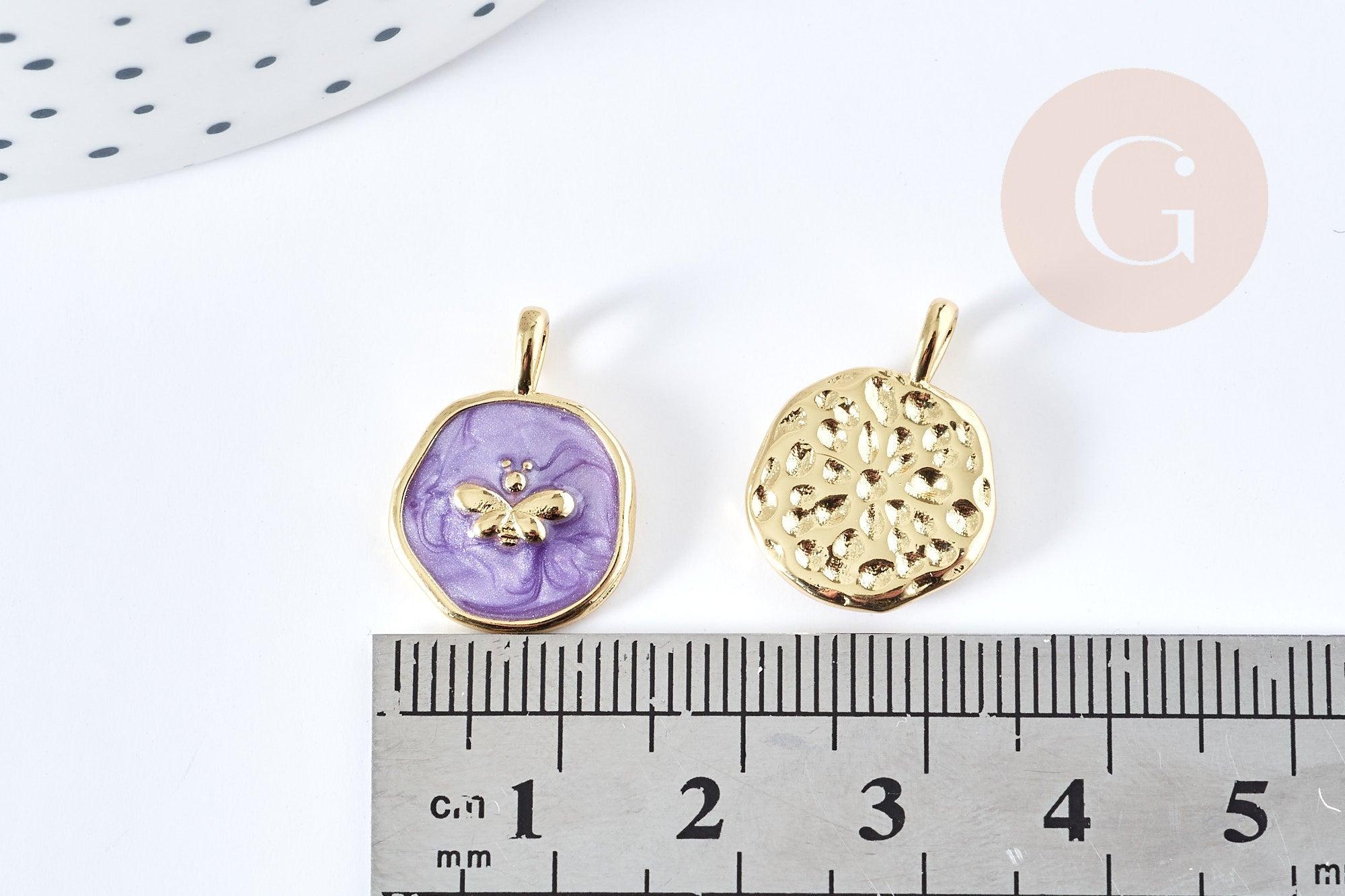 Pendentif médaille rond papillon émail violet laiton doré 18mm, pendentif laiton émaillé,sans nickel, x1 G8552
