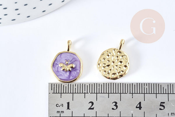 Pendentif médaille rond papillon émail violet laiton doré 18mm, pendentif laiton émaillé,sans nickel, x1 G8552