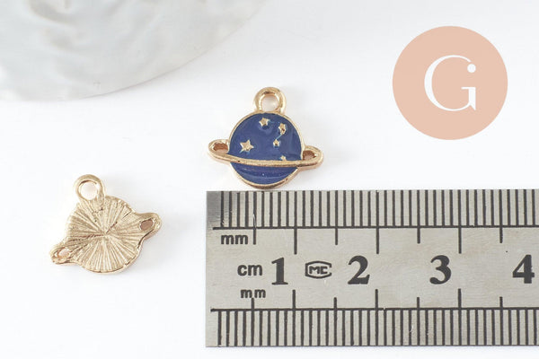 Pendentif médaille rond planète étoiles émail bleu zamac doré 13mm, x1 (G5919)