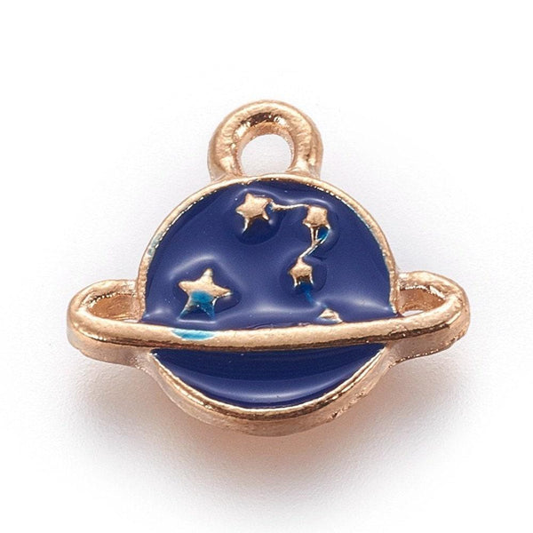 Pendentif médaille rond planète étoiles émail bleu zamac doré 13mm, x1 (G5919)